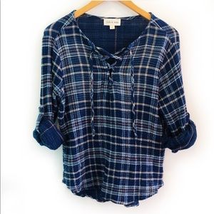 cloth & stone | blue lace up madras plaid top